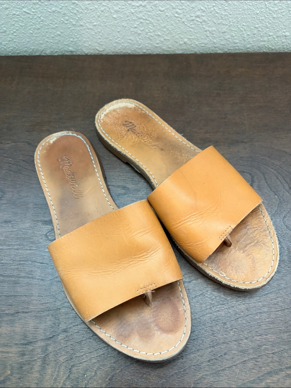 Madewell Tan/Caramel Leather Wide-Strap Slide Sandals